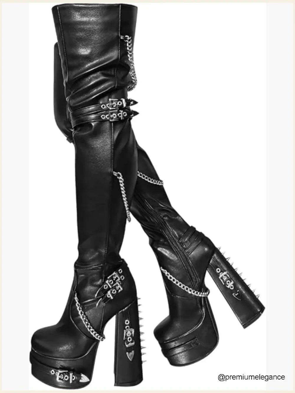 Thigh High Platform Heel Boots Block Heels Zip Side Rivets Chains